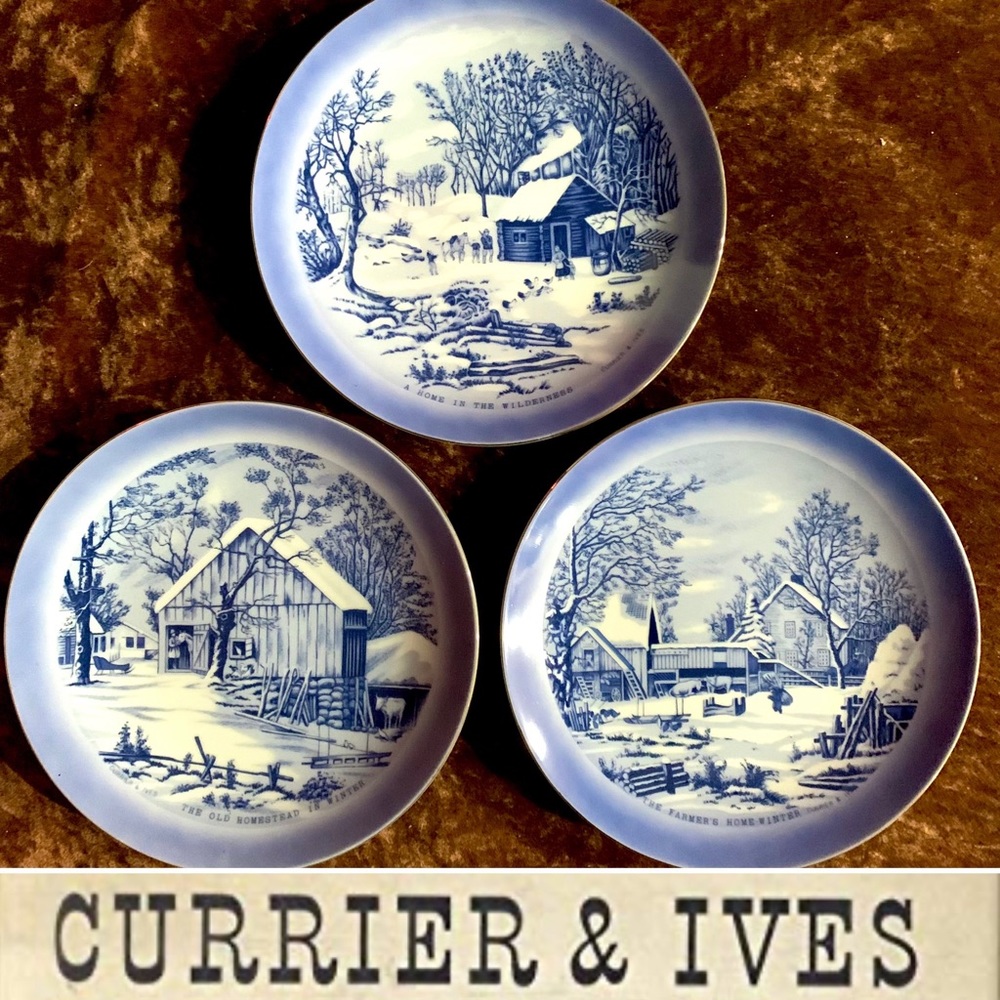 Currier and Ives blue winter homestead decorator plates (3)